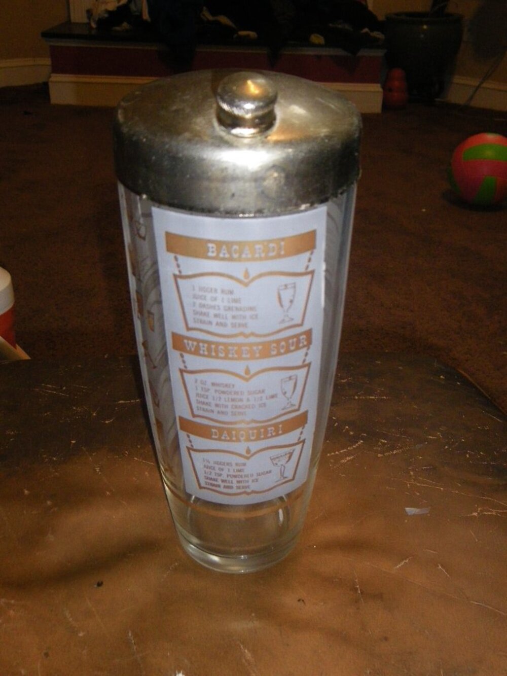 Vintage Large Classic Glass Cocktail Shaker w/ Metal Top Drink Recipe Graphics